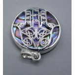 GP Round - Hamsa Caged Gemstone Pendant - Abalone with gold and silver color frame
